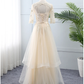 Light Champagne Tulle Lace Short Sleeves Wedding Party Dress, A-Line Long Formal Dress Prom Dress    cg21534