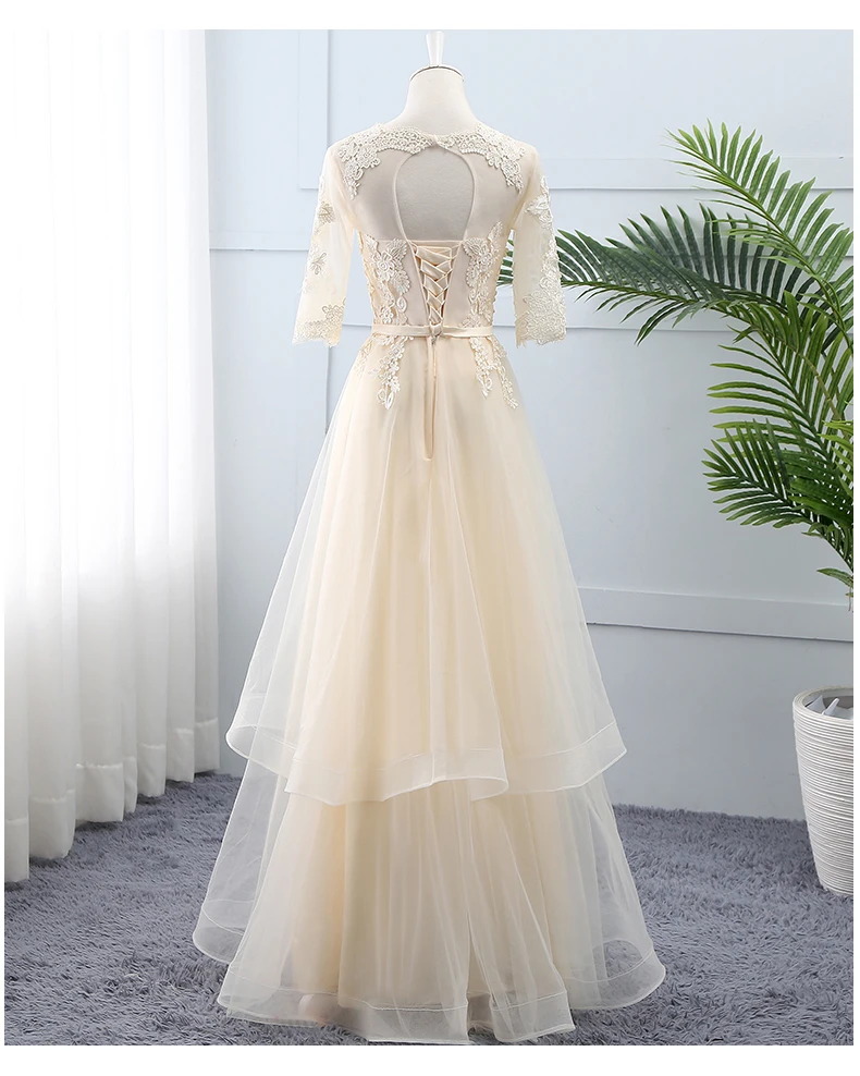 Light Champagne Tulle Lace Short Sleeves Wedding Party Dress, A-Line Long Formal Dress Prom Dress    cg21534