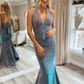 GRAY BLUE V NECK MERMAID LONG PROM DRESS BLUE EVENING DRESS   cg21537