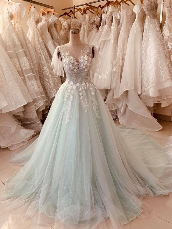 Pastel mint green floral lace flutter sleeve ball gown wedding dress with court train & glitter tulle prom dress cg21538 Pastel mint green floral lace flutter sleeve ball gown wedding dress with court train & glitter tulle prom dress cg21538