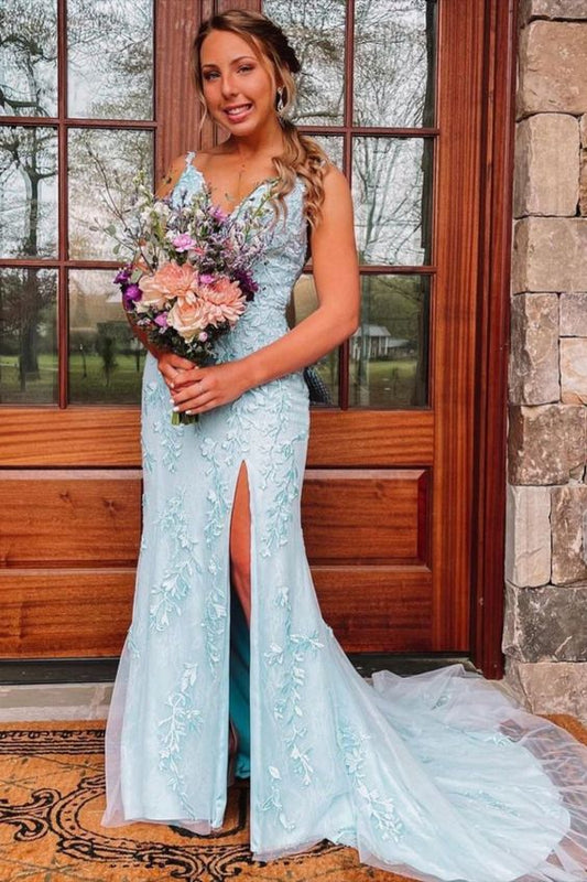 mermaid light blue lace appliques long formal prom dress features with v neck    cg21558