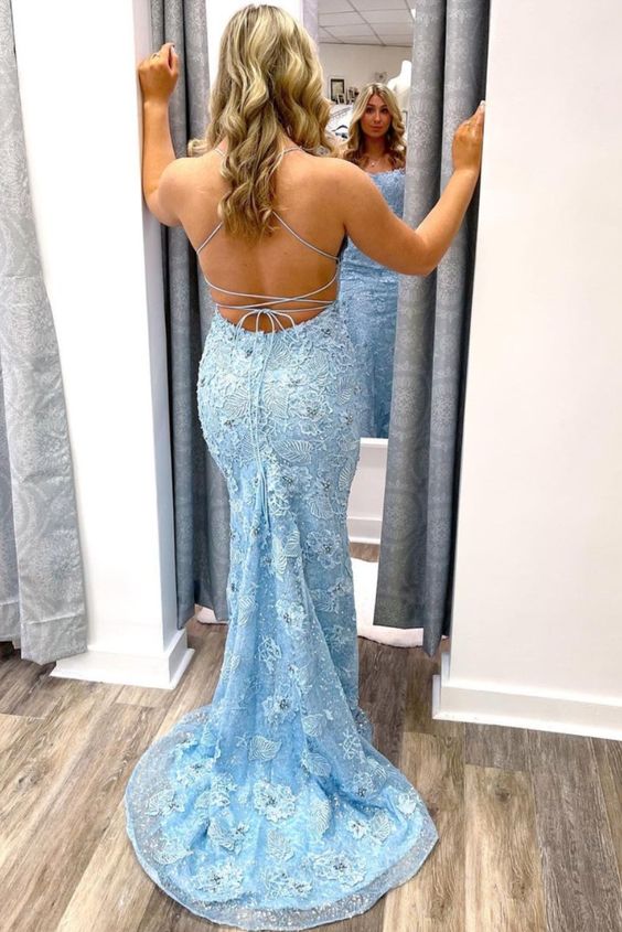 mermaid blue lace long prom dress with lace up back    cg21560