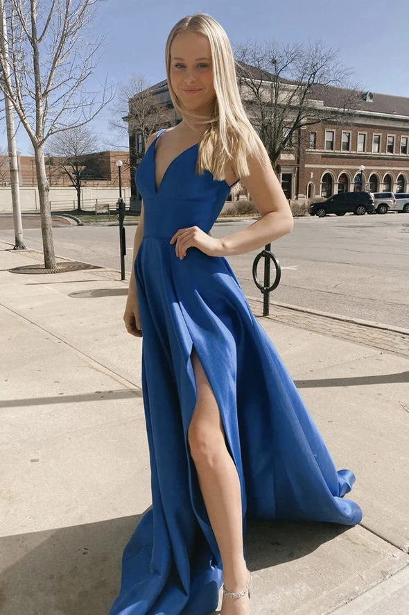 Blue satin long A line prom dress blue evening dress   cg21565