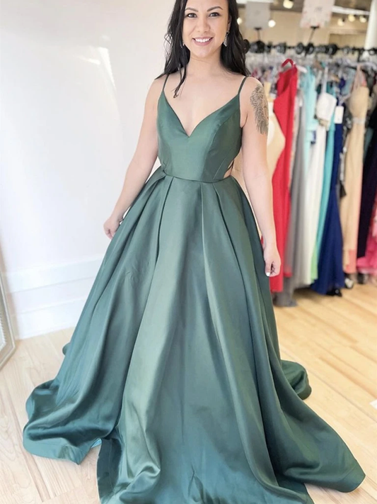 A Line V Neck Backless Green Satin Long Prom Dresses, Open Back Green Formal Dresses, Green Evening Dresses   cg21567