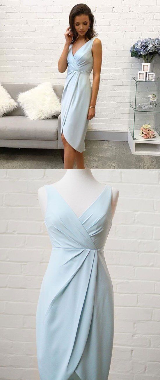 Simple v neck blue short dress, homecoming dress  cg2157