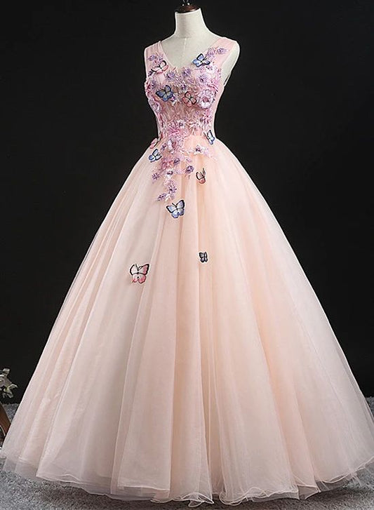 Charming Pink Flowers Ball Gown Long Sweet 16 Dress, Pink Prom Dress    cg21597