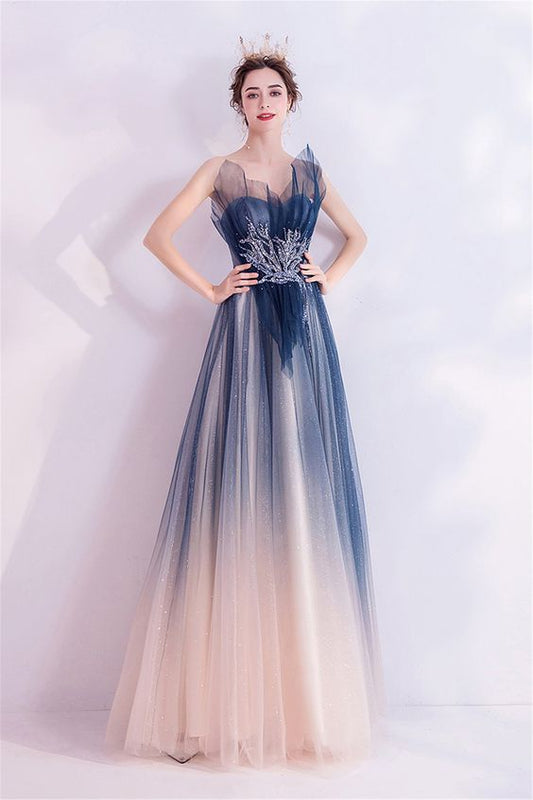 Strapless Party Dress Blue Gradient Women Formal Dress Sparkle Tulle Ball Gown Sequin Beaded Evening Gown prom dress, evening dress    cg21601