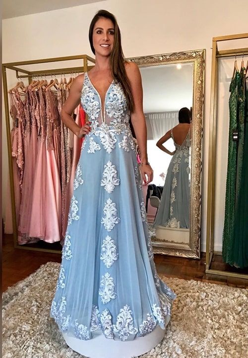 Deep V Neck Prom Dress, Blue Prom Dress, Lace Applique Prom Dress, Elegant Prom Dress, Prom Dresses Long, A Line Prom Dress   cg21606