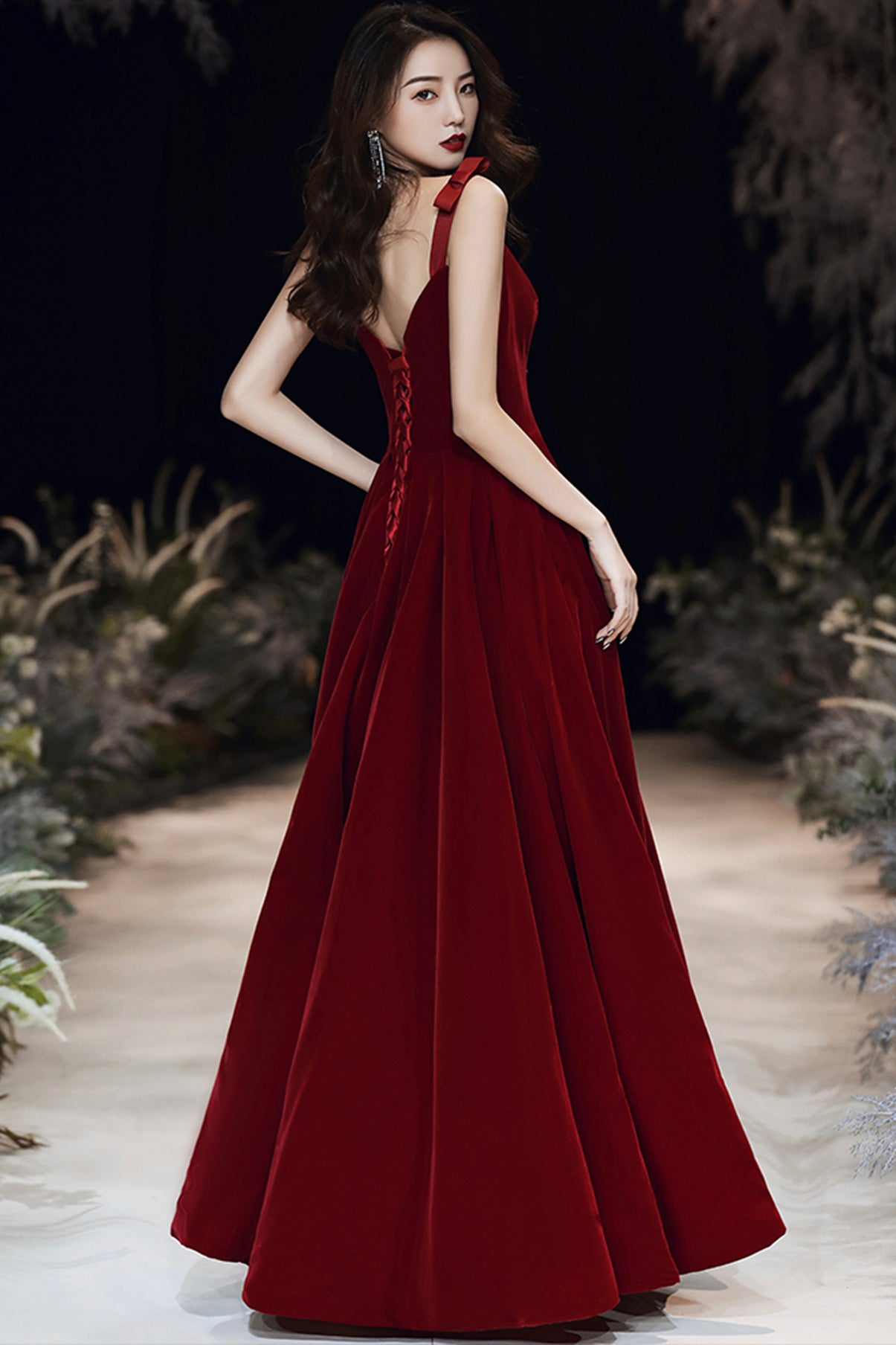 BURGUNDY VELVET LONG A LINE PROM DRESS EVENING DRESS    cg21611