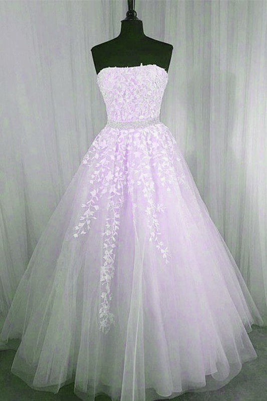 Light Purple Tulle Strapless Lace Applique Long Formal prom Gown    cg21622