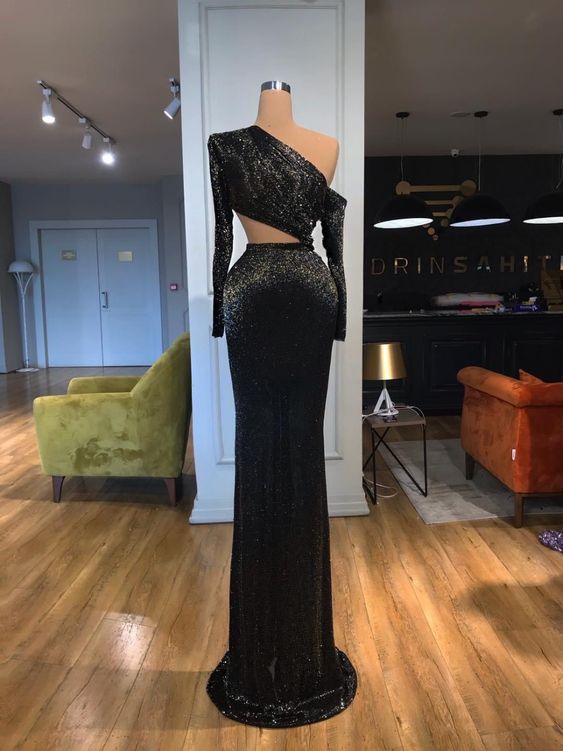 Long Sleeves Black Evening Dress Prom Gown    cg21623