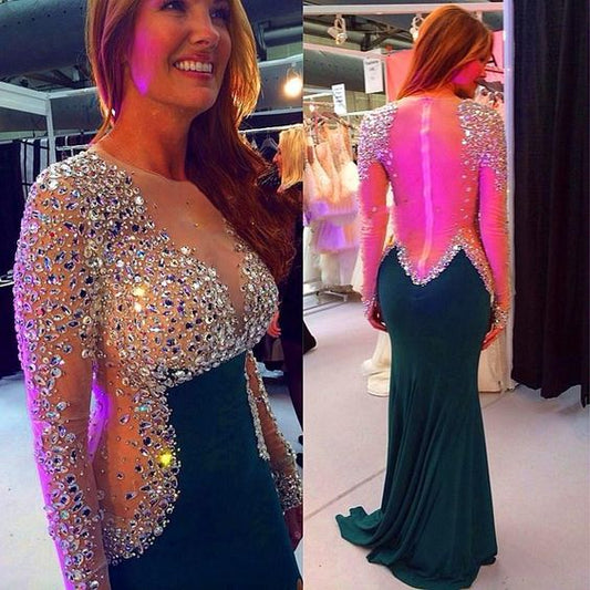 Luxury Beads Prom Dress,Sexy See Through Long Sleeve Prom Dresses Crystal Beaded Chiffon Evening Gowns High Split Women Formal Party Dresses   cg21626