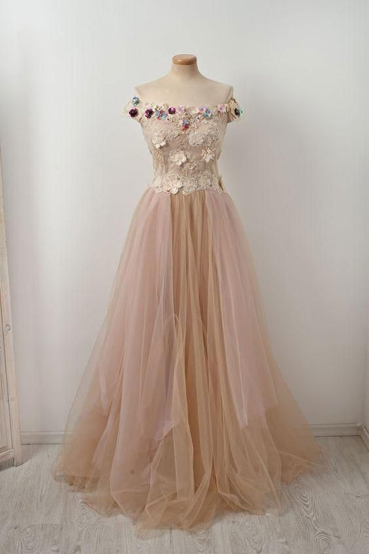 Unique champagne tulle lace applique long prom dress, champagne evening dress   cg21628