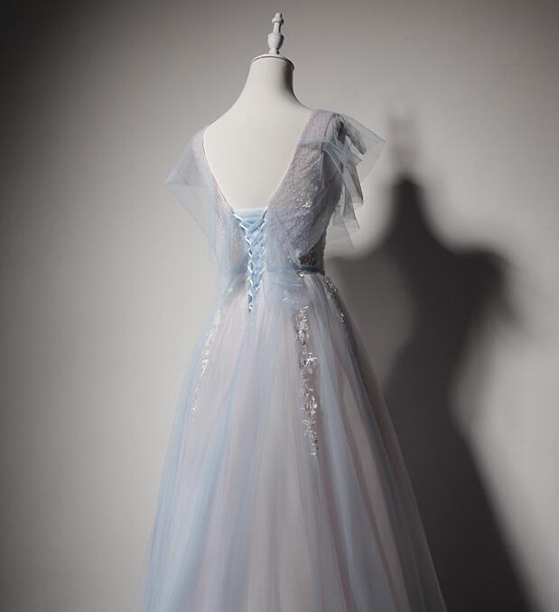 Light Blue And Pink V-Neckline Tulle With Lace Evening Dress, A-Line Long Prom Dress Party Dress   cg21629