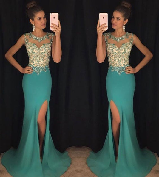 Green Round Neck Chiffon Mermaid Long Prom Dress, Green Evening Dress   cg21642