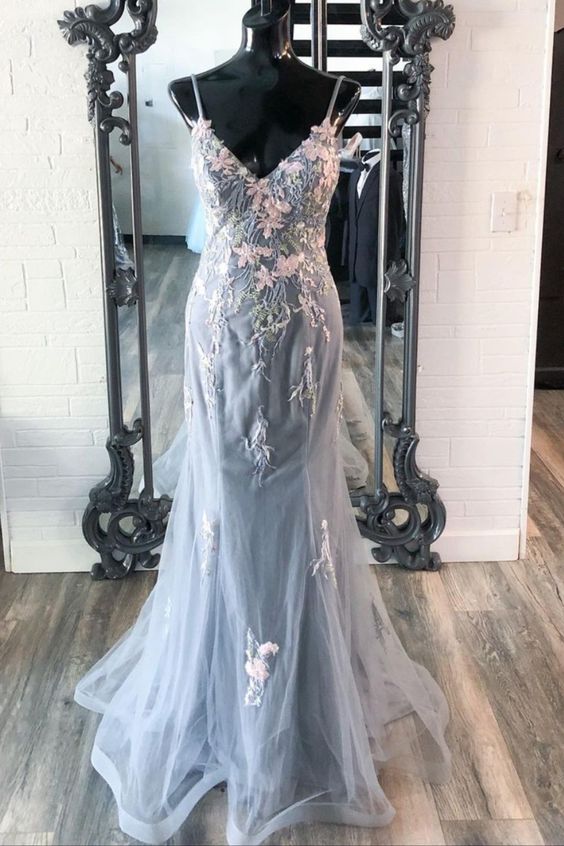 mermaid grey long prom dress with spaghetti straps    cg21663