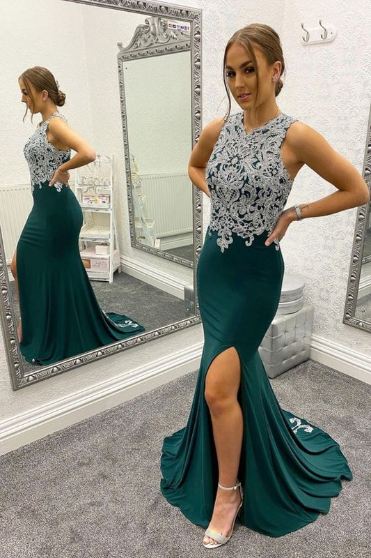 mermaid dark green long evening dress with beaded bodice and side slit prom dress 2022   cg21666