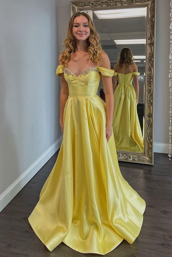 elegant off the shoulder yellow satin long formal dress with pockets inside prom dress 2022   cg21667