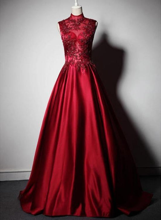 Wine Red Satin Lace Beaded High Neckline Long Party Dres, Dark Red Floor Length Prom Dress   cg21675