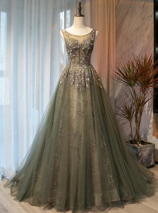 Beautiful Tulle With Applique Light Green Round Neckline Prom Dress, Low Black Long Formal Dress   cg21676