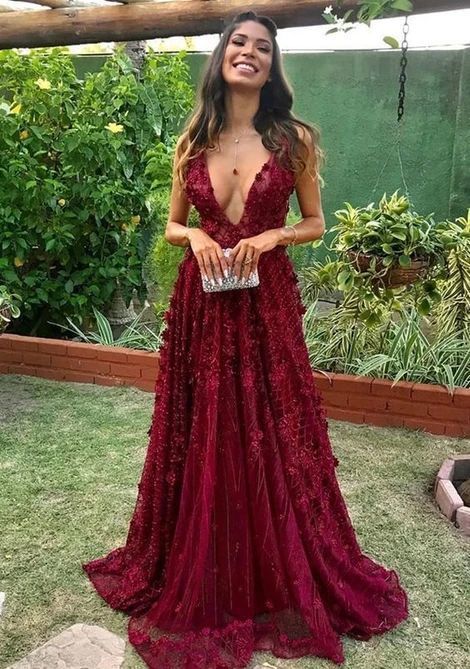 Luxurious A-Line V Neck Burgundy Lace Long Prom Evening Dresses    cg21684