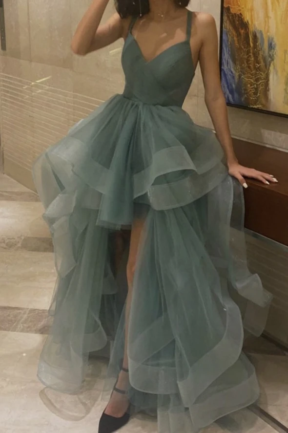 Cute v neck tulle high low prom dress evening dress   cg21690