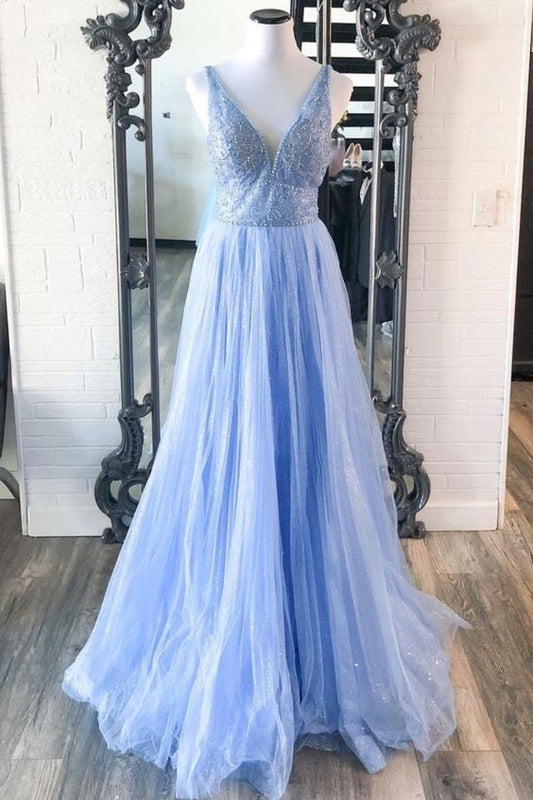 A-line blue tulle long formal dress prom dress    cg21695