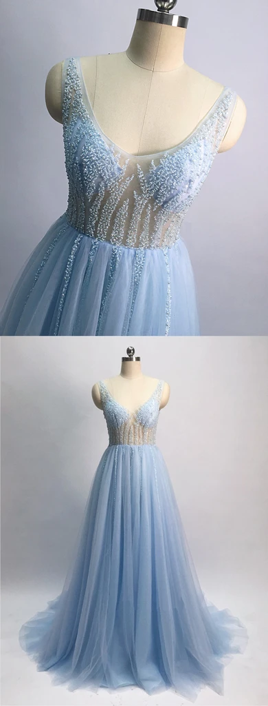 Light blue tulle V neck pearl see through long customize evening dress, long prom dress   cg21696