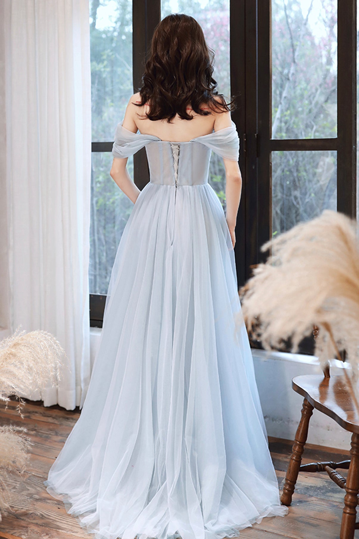 GRAY TULLE LACE LONG A LINE PROM DRESS EVENING DRESS    cg21706