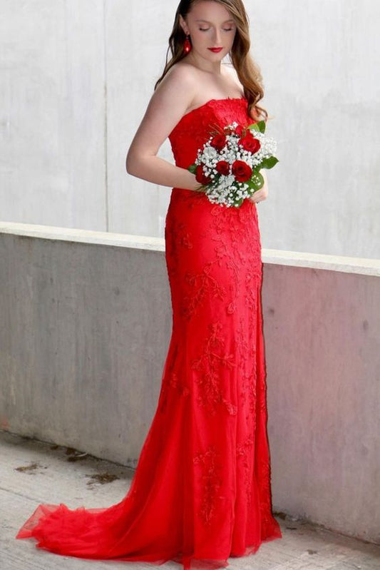 strapless mermaid red lace appliques long prom dress evening dress    cg21711