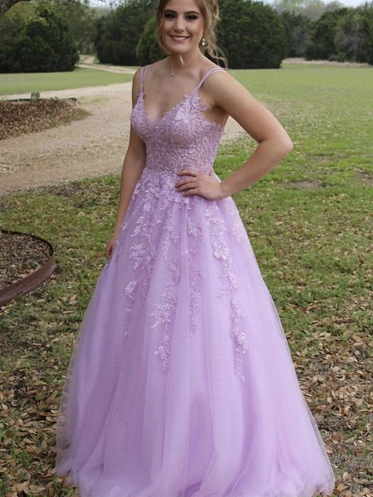 A Line V Neck Purple Lace Long Prom Dresses, Purple Lace Formal Dresses, Purple Evening Dresses   cg21720