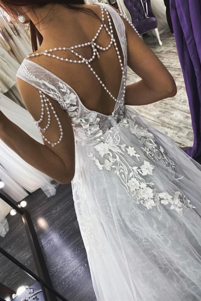 A Line V Neck Open Back Beaded Ivory Lace Long Prom Dresses with Gray Lining    cg21721