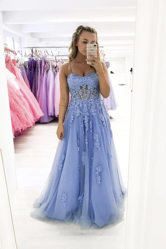 Blue lace long A line prom dress blue evening dress   cg21722