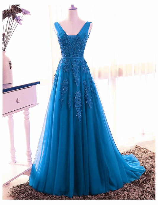 Blue Tull V-Neckline Floor Length Low Back Party Dress, Blue Prom Dress Bridesmaid Dress   cg21725