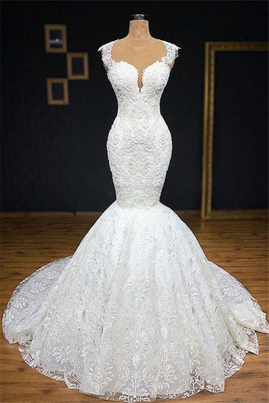 Straps Mermaid Wedding Dresses With Appliques Tulle Ruffles Lace Bridal Gowns Prom Dresses     cg21744