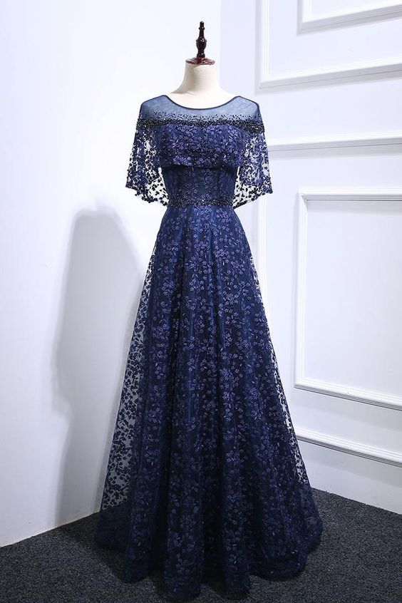 Dark blue lace long prom dress, blue lace evening dress    cg21746