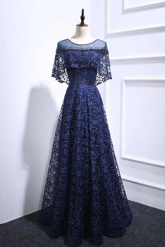 Dark blue lace long prom dress, blue lace evening dress    cg21746