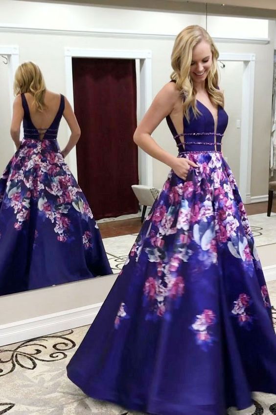 Popular A-Line V-Neck Long Floral Prom Dress with Pockets Royal Blue Evening Dress   cg21748