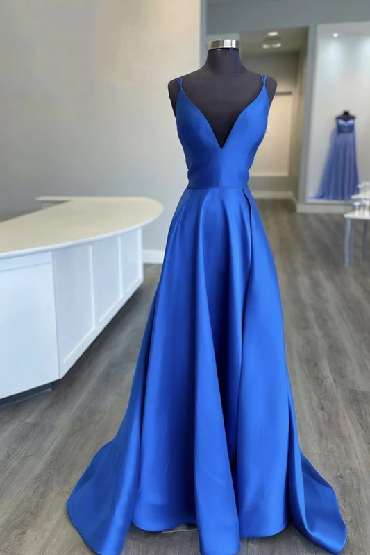 Blue v neck satin long A line prom dress evening dress    cg21784