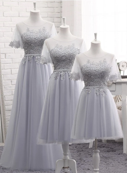 Grey Tulle With Lovely Lace Applique Wedding Party Dress, Grey Tulle A-Line Prom Dress Formal Dress    cg21791