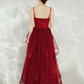Dark Red Straps V-Neckline Layers Long Formal Dress, Burgundy Low Back Tulle Prom Dress   cg21797