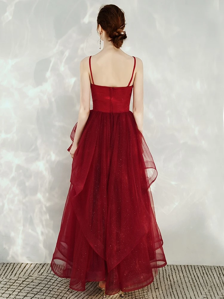 Dark Red Straps V-Neckline Layers Long Formal Dress, Burgundy Low Back Tulle Prom Dress   cg21797