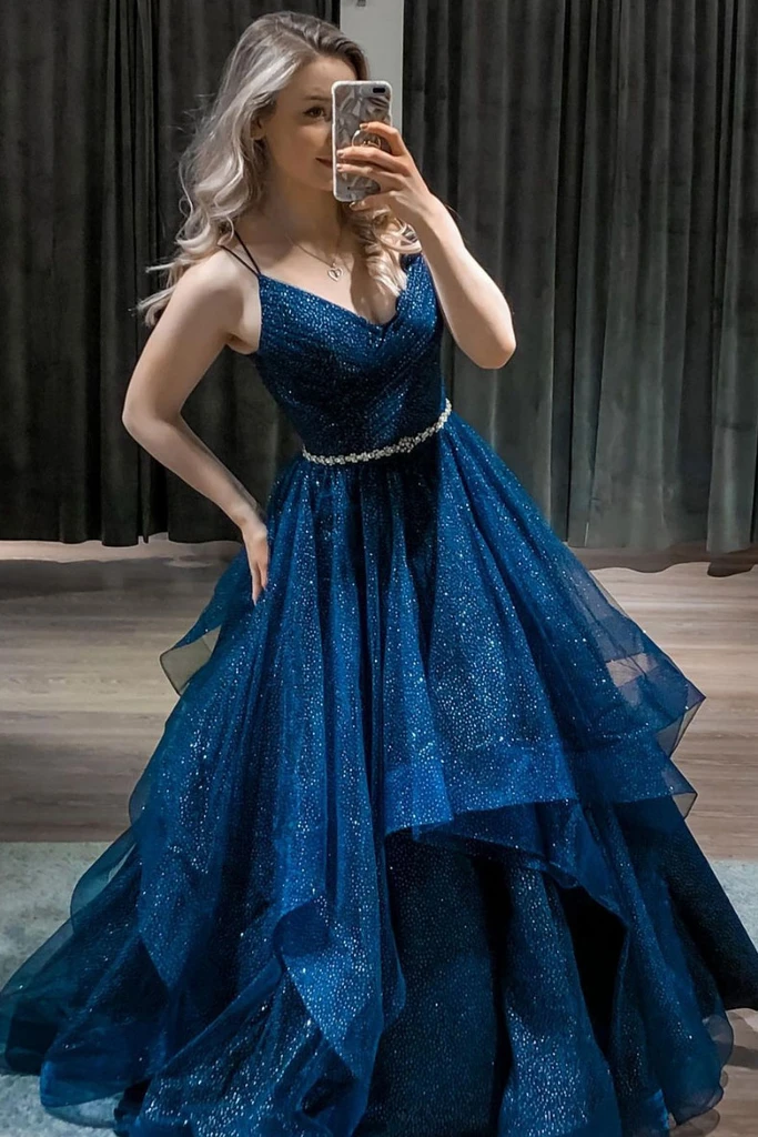 DARK BLUE V NECK TULLE SEQUIN LONG PROM DRESS BLUE FORMAL DRESS    cg21805