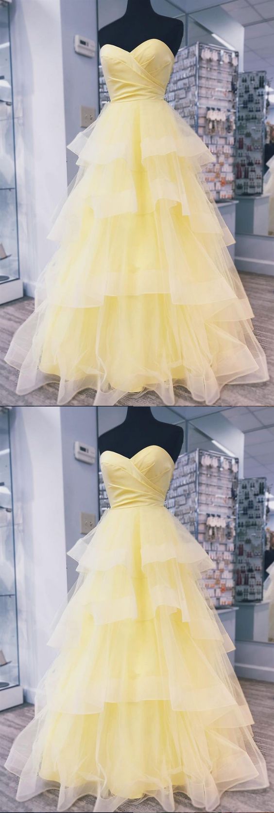 Sweethart Neck Floor Length Yellow Puffy Prom Dresses, Yellow Floor Length Puffy Formal Graduation Evening Dresses cg2182