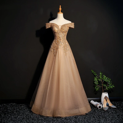 Champagne Tulle Off Shoulder Lace Applique Party Dress, A-Line Floor Length Long Evening prom Dress   cg21829