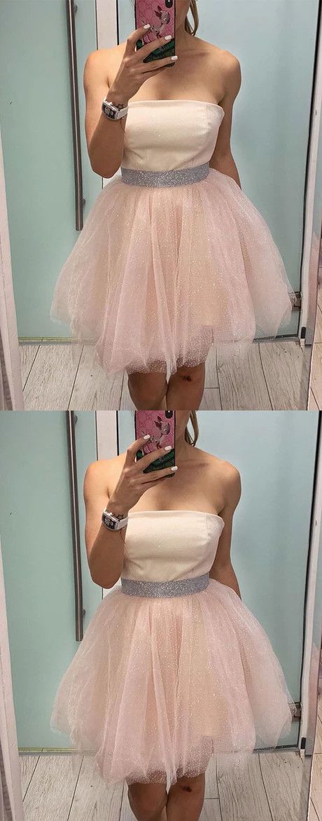 A-line Strapless Pink Tulle Short Dress Pink Tulle Homecoming Dress    cg21848