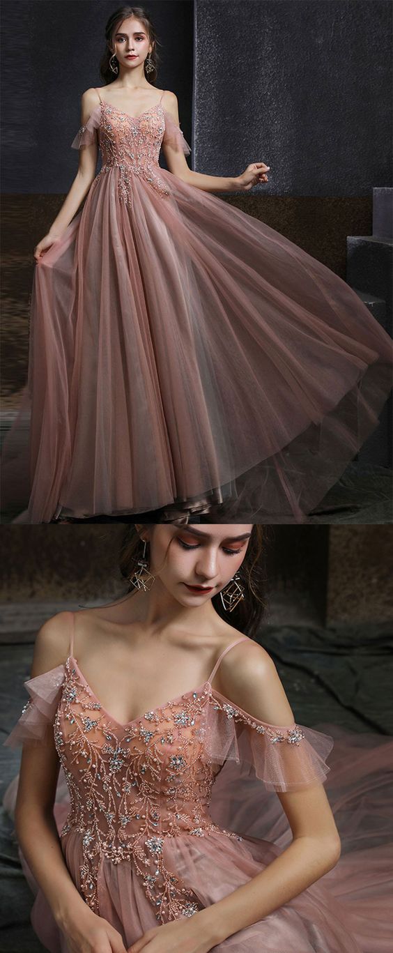 Pink v neck tulle beads long prom dress pink tulle formal dress    cg21851