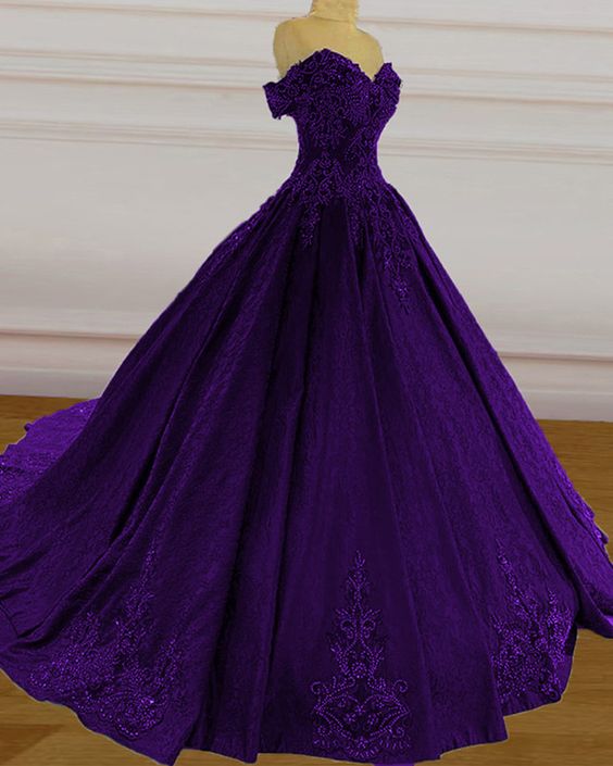 Purple wedding dresses lace ball gown prom dress off the shoulder for ...