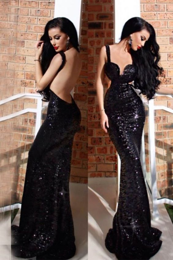 Black Sequin Mermaid Straps Sweep Train Cut Out Backless Dress prom dress   cg21879