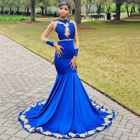 Royal Blue Mermaid Prom Dresses Gold Lace Prom Gowns Illusion Long Sleeve Evening Dress    cg21882